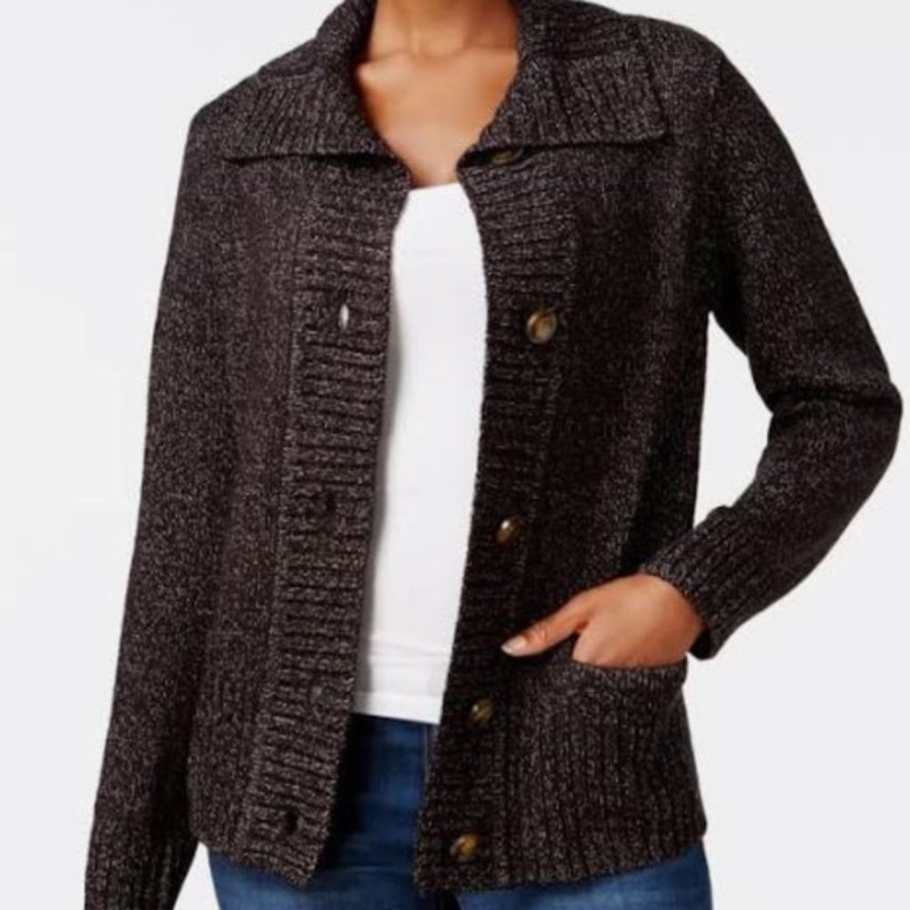 Karen Scott Petite Button-Front Marled Cardigan Sweater